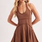 OPEN-BACK WASHED SCOOP HALTER-NECK MINI DRESS