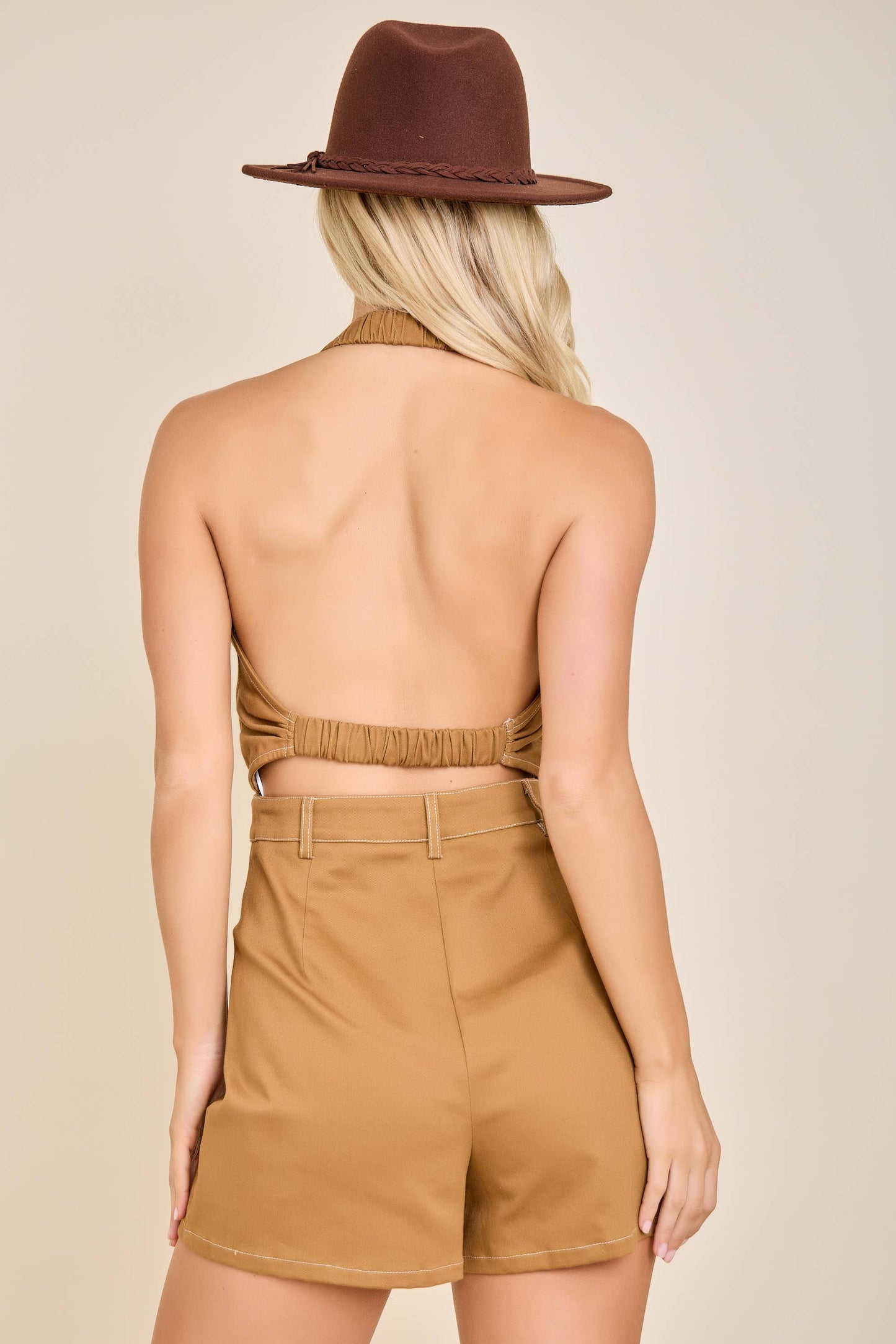 Embroidered Halter Romper with Button Front
