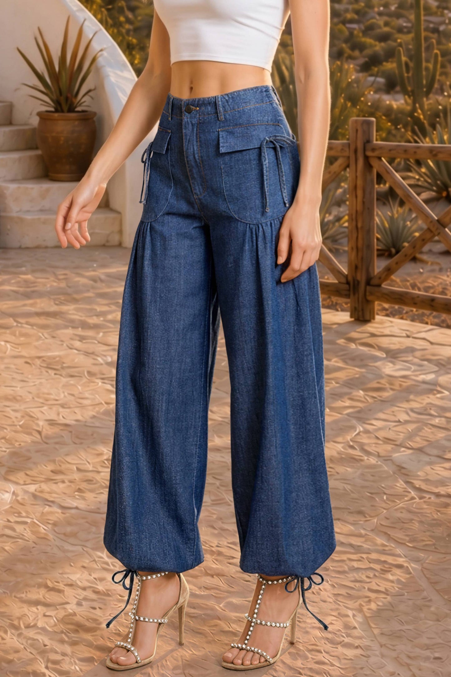 Dual-Style Wide-Leg and Cinched Jogger Denim Pants