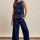 Embroidered Denim Tank & Wide-Leg Pants Set