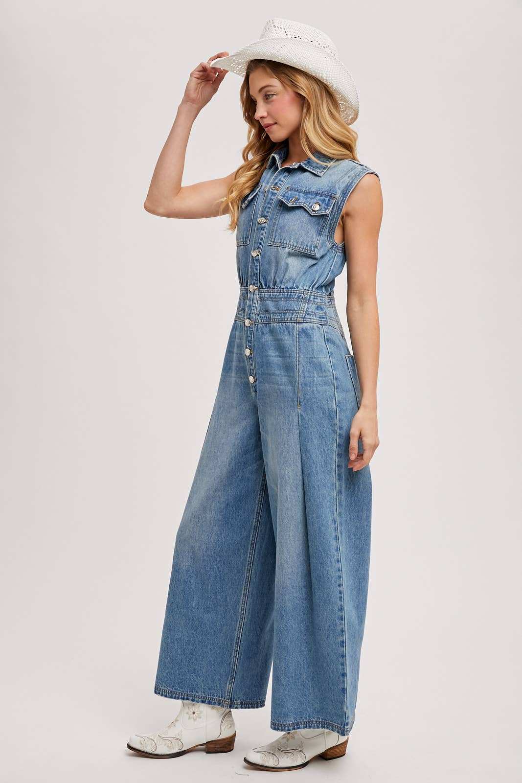 DENIM SLEEVELESS SHIRT JUMPSUIT