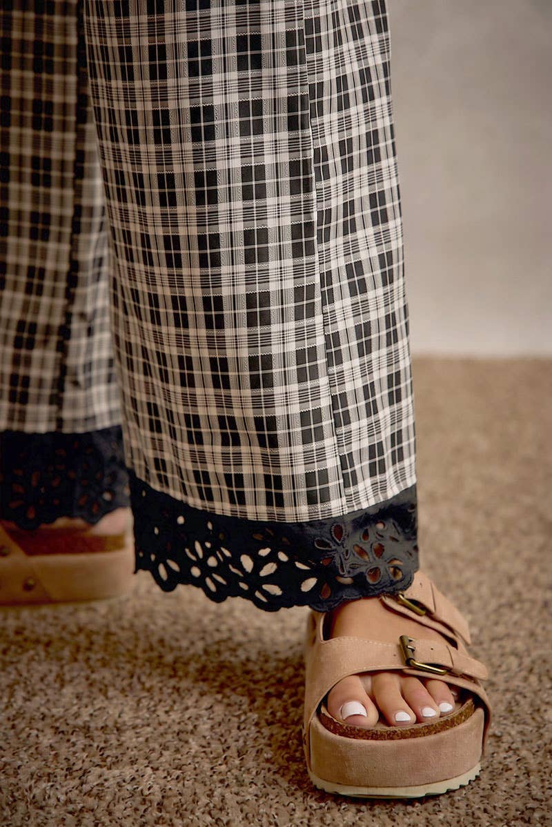 PLAID CHECK WIDE LEG PULL ON WIDE LEG PANTS WITH LACE