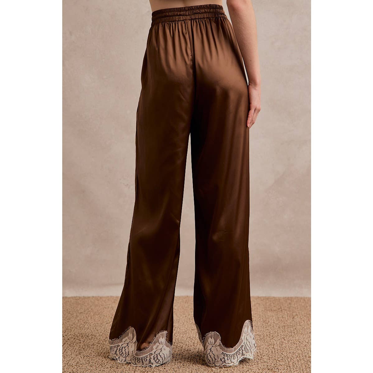 SATIN LACE TRIM WIDE LEG ELASTIC MID RISE PANTS