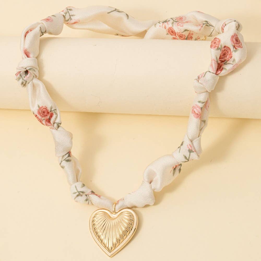 Textured Heart Pendant Knotted Bandana Necklace