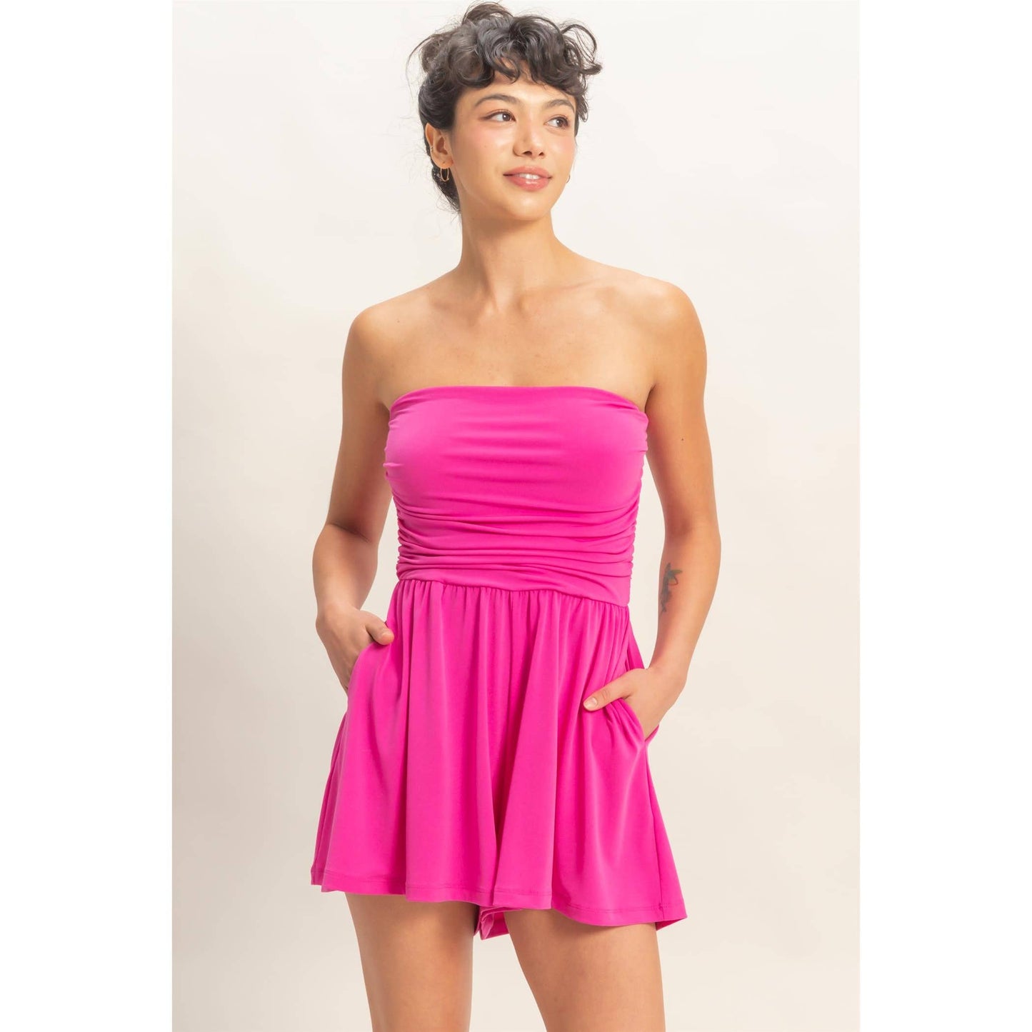 Strapless Shirred Waist Romper