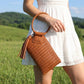 Faux Leather Woven Fringe Cuff Handle Clutch Bag