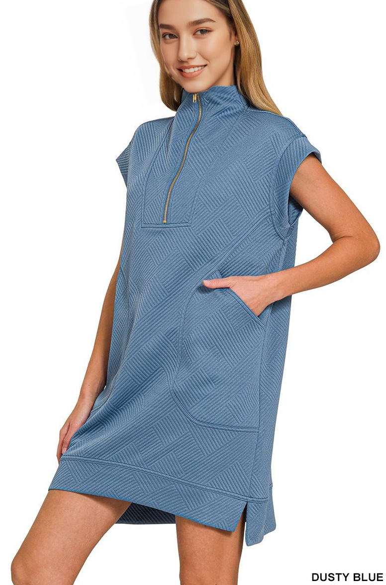 Textured Knit Jacquard Quarter Zipper Dress Zenana
