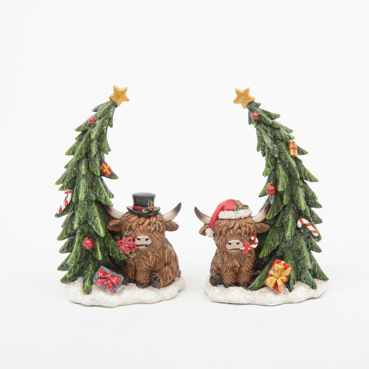 Christmas 6.5"H Resin Highland Cow w/ Tree, 2 Asst
