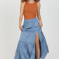 26P74-ASIS TIERED MAXI SKIRT WITH LACE TRIM AND SLIT