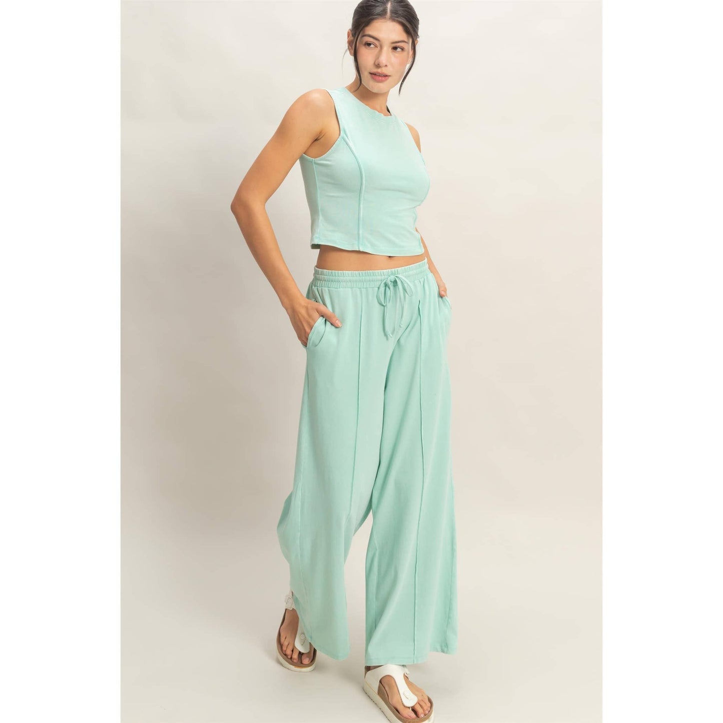 Mineral Washed Sleeveless Top & Wide Leg Pants Set