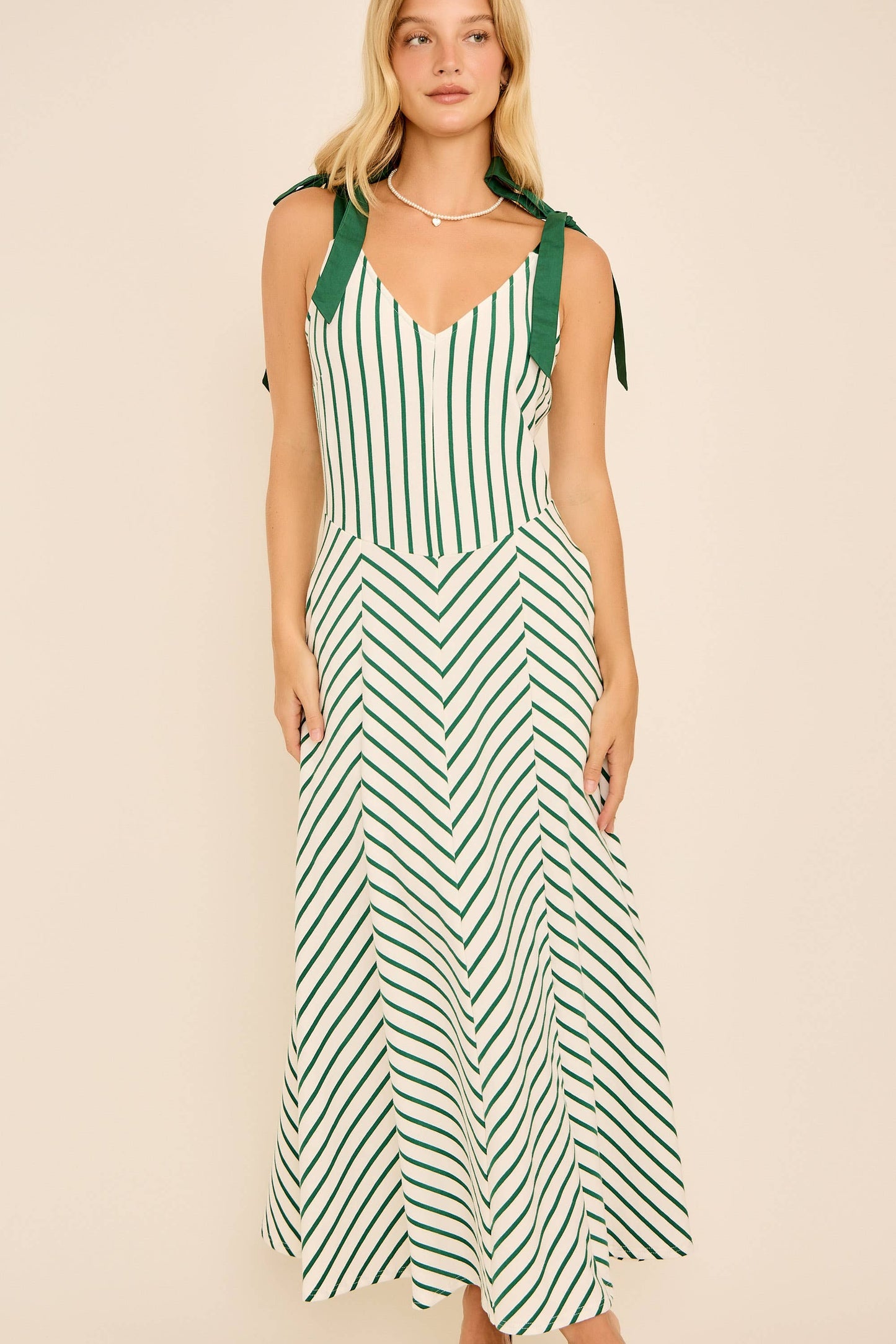 A-line long midi cotton knit dress with stripe