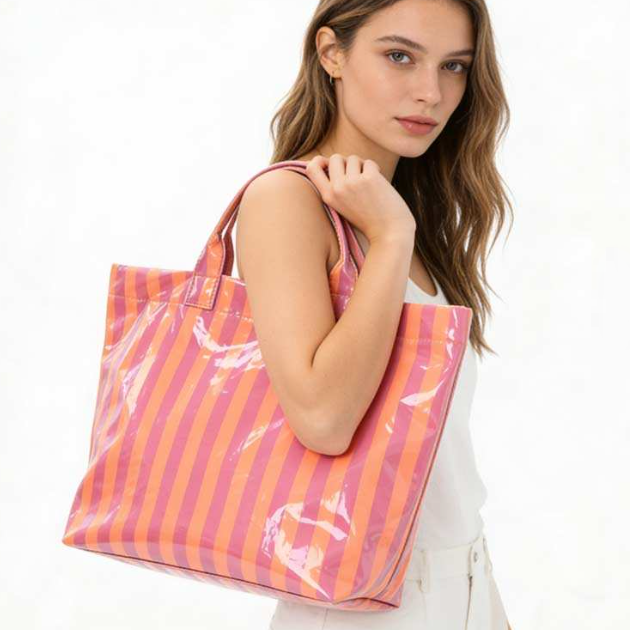 Large Striped Vinyl Tote Bags | 40P595