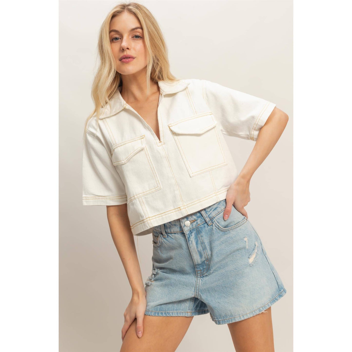 Denim V-Neck Cropped Top