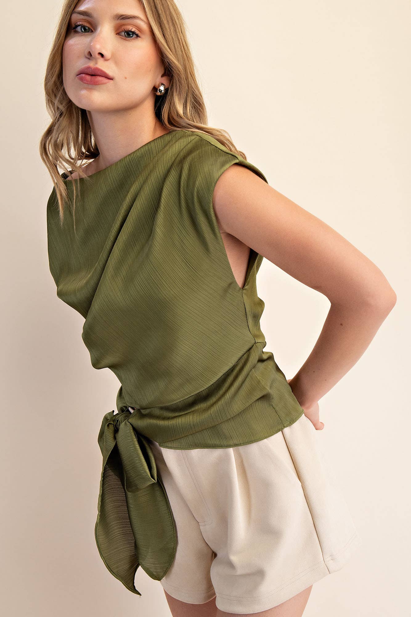 Boat Neck Waist Tie Blouse