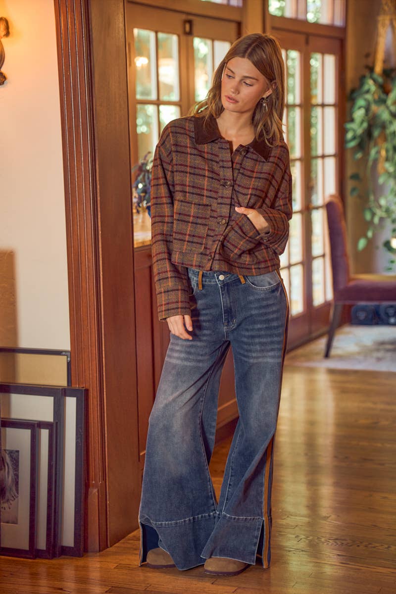WIDE LEG FLARE WASHED DENIM JEANS WITH SIDE SEAM