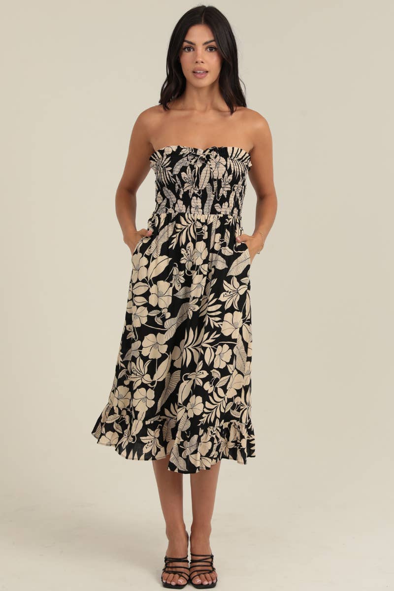 C4F45-A920 SMOCKED BODICE STRAPLESS MIDI DRESS W POCKETS