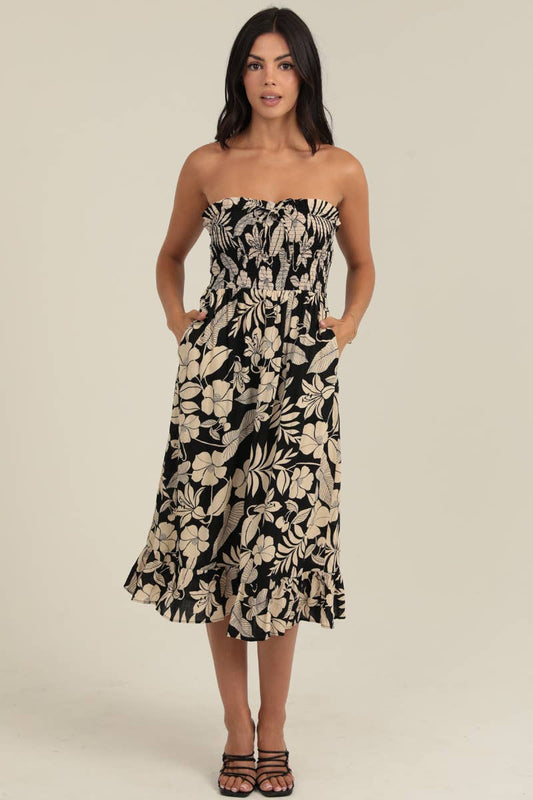 C4F45-A920 SMOCKED BODICE STRAPLESS MIDI DRESS W POCKETS