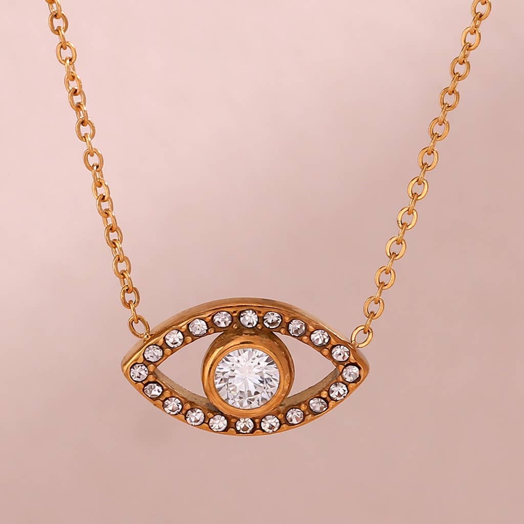 White Eye of Protection (Evil Eye) - 18K Gold Plated, Waterproof CZ Necklace