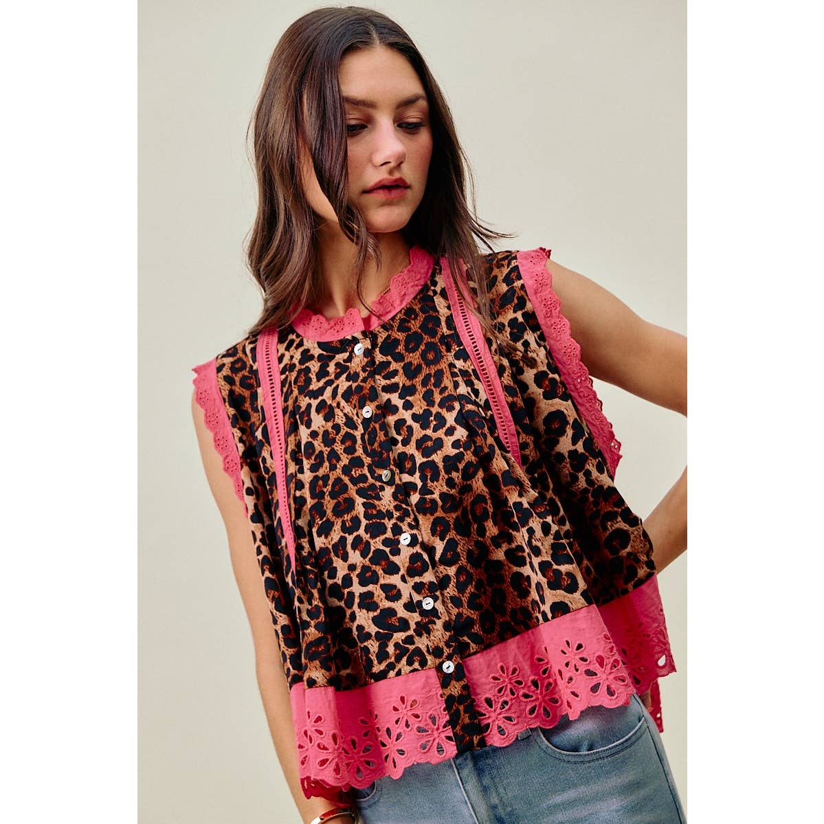 LEOPARD BUTTON UP PLEATED SLEEVELESS BLOUSE TOP