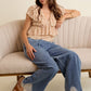 LACE TRIM WIDE LEG ELASTIC MID RISE DENIM PANTS
