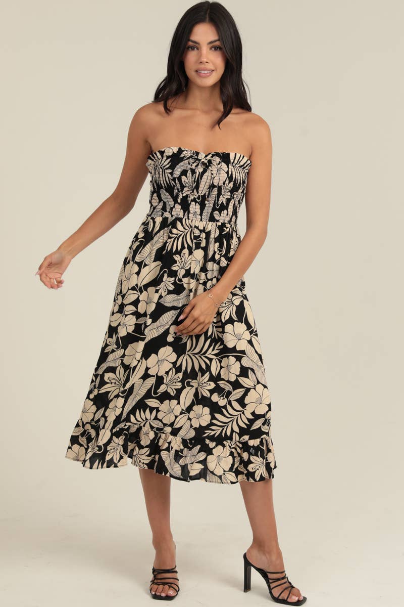 C4F45-A920 SMOCKED BODICE STRAPLESS MIDI DRESS W POCKETS
