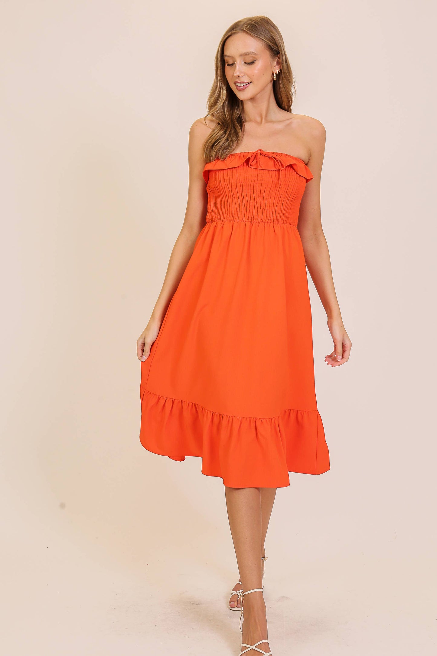 Strapless Smocked Midi Dress