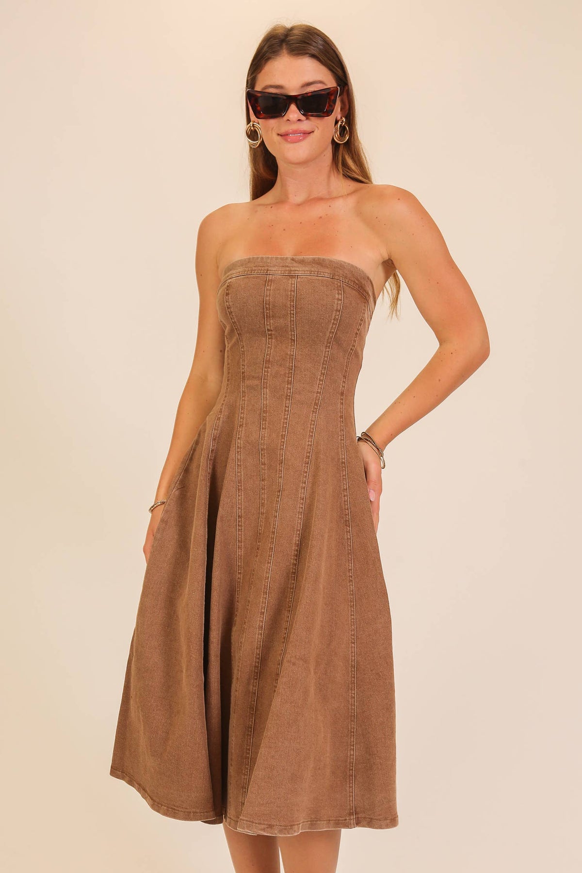 Strapless Stretch Denim Midi Dress