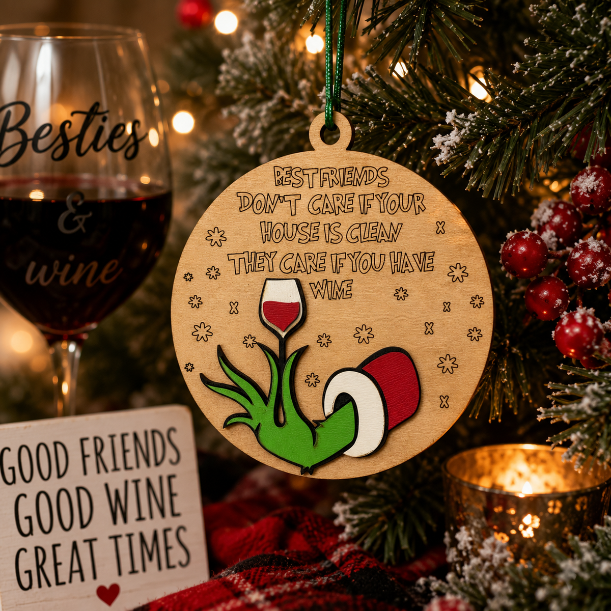 Best Friends & Wine Ornament – Layered Wooden Christmas Ornament
