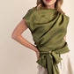 Boat Neck Waist Tie Blouse
