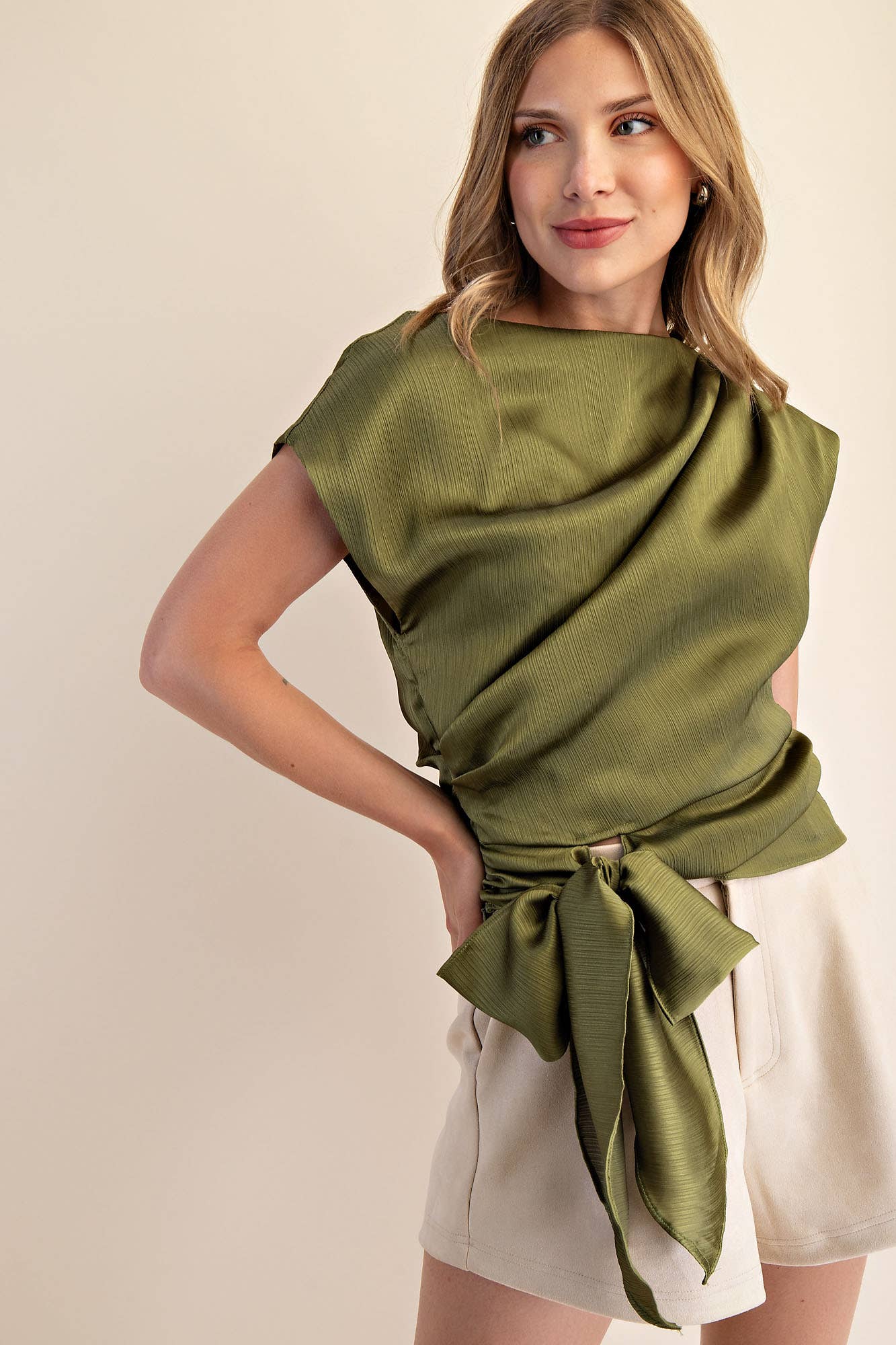Boat Neck Waist Tie Blouse