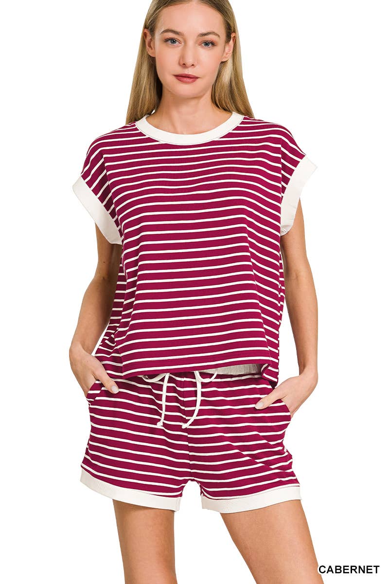 ...0223 Stripe Contrast Trim Top & Shorts Set SI-29132