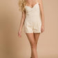 Washed Denim V-Neck Romper with Pleat Detail & Tie Straps