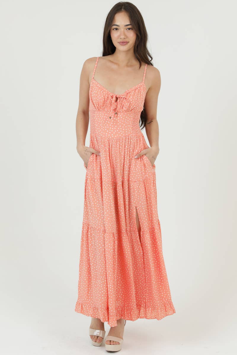 C4C84-FQ00 POLKA DOT SIDE SLIT MAXI DRESS
