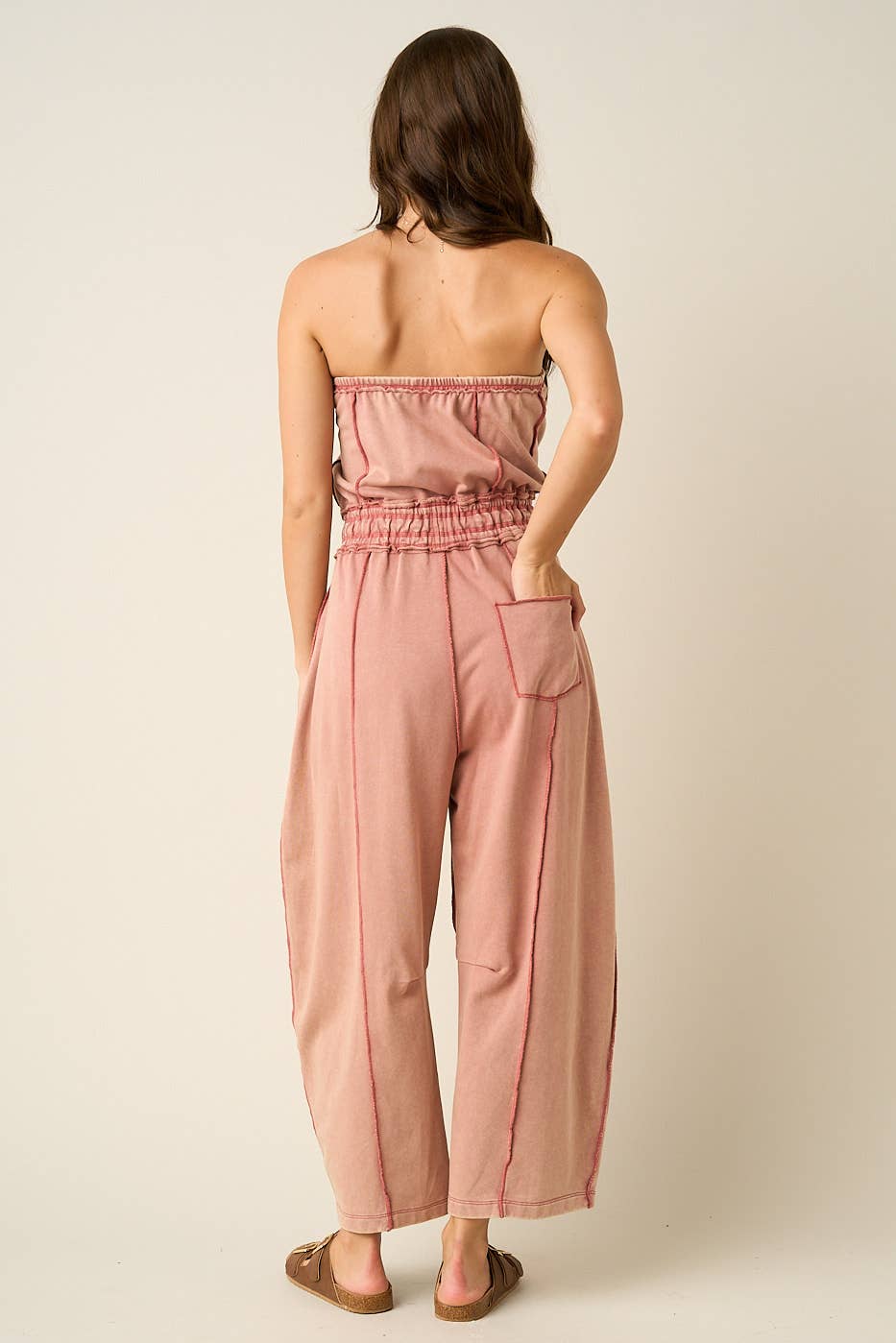 MINERAL WASH CONTRAST STITCH BARREL LEG JUMPSUIT
