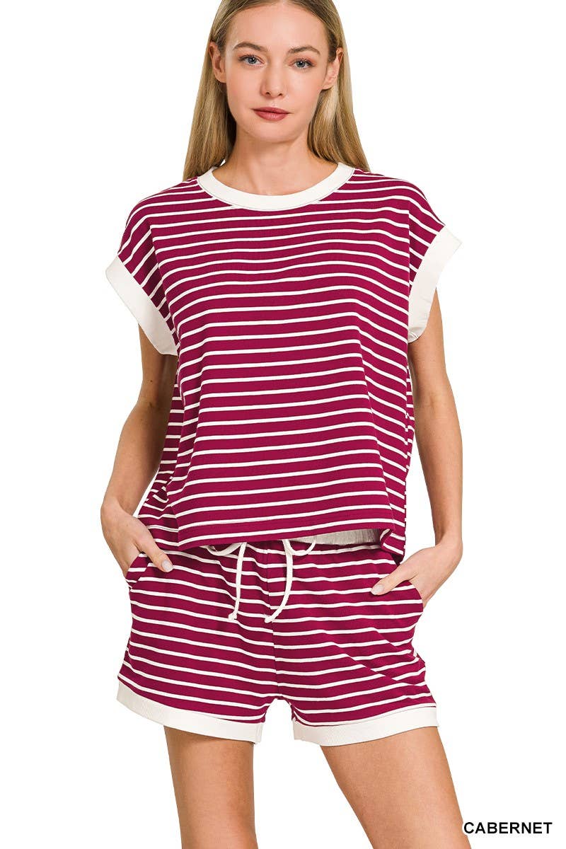 Stripe Contrast Trim Top And Shorts Set