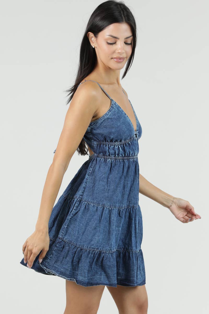 C4M44-ASIS ACID WASH DENIM V NECK DRESS WITH OPEN TIE BACK D