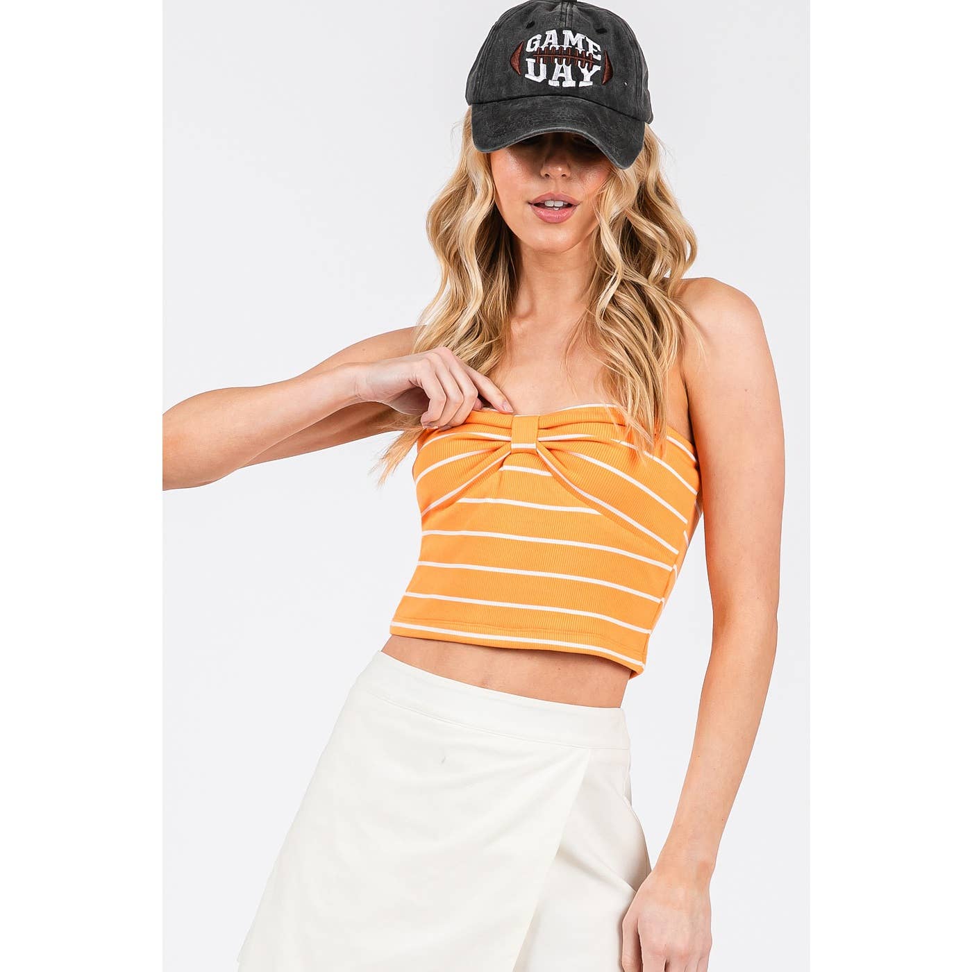 STRIPED BOW SHAPE SWEETHEART CROPPED TUBE TOP
