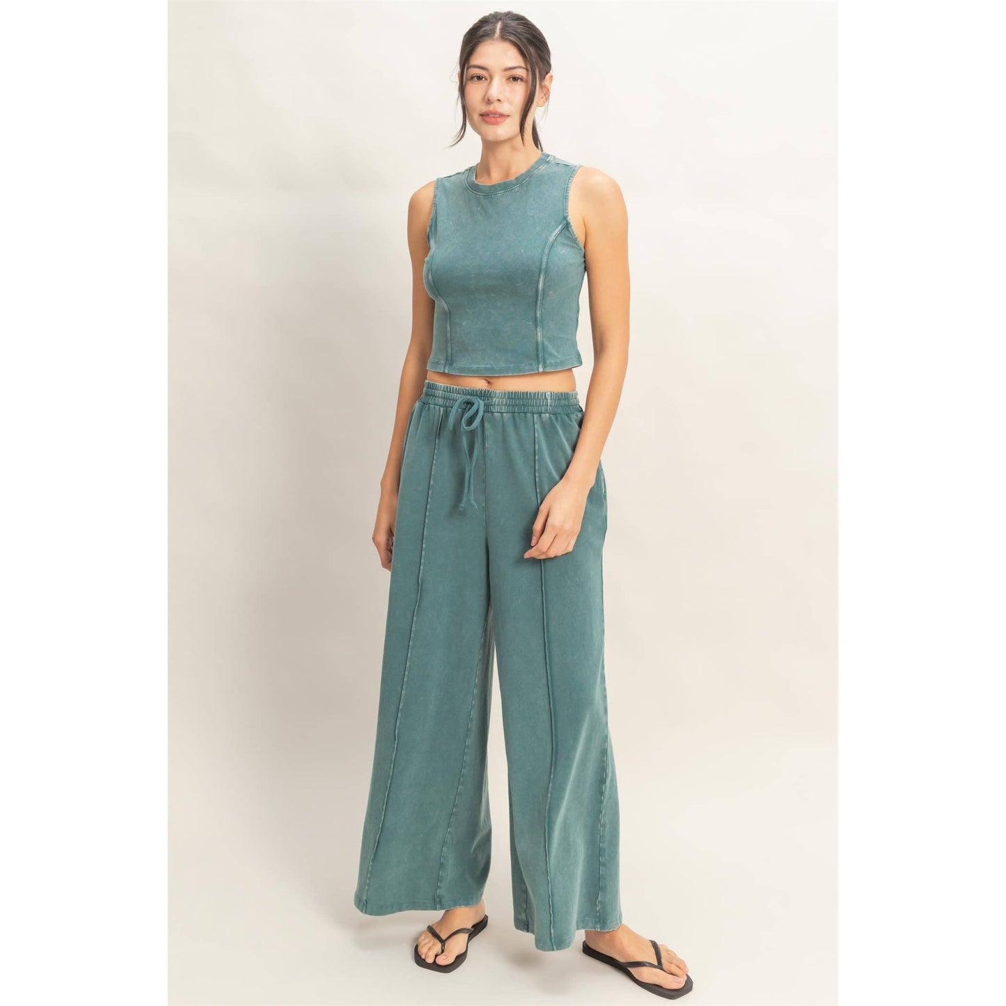 Mineral Washed Sleeveless Top & Wide Leg Pants Set