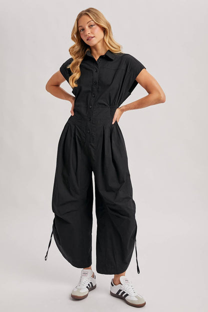 BUTTON DOWN UTILITY SHIRTING JUMPSUIT