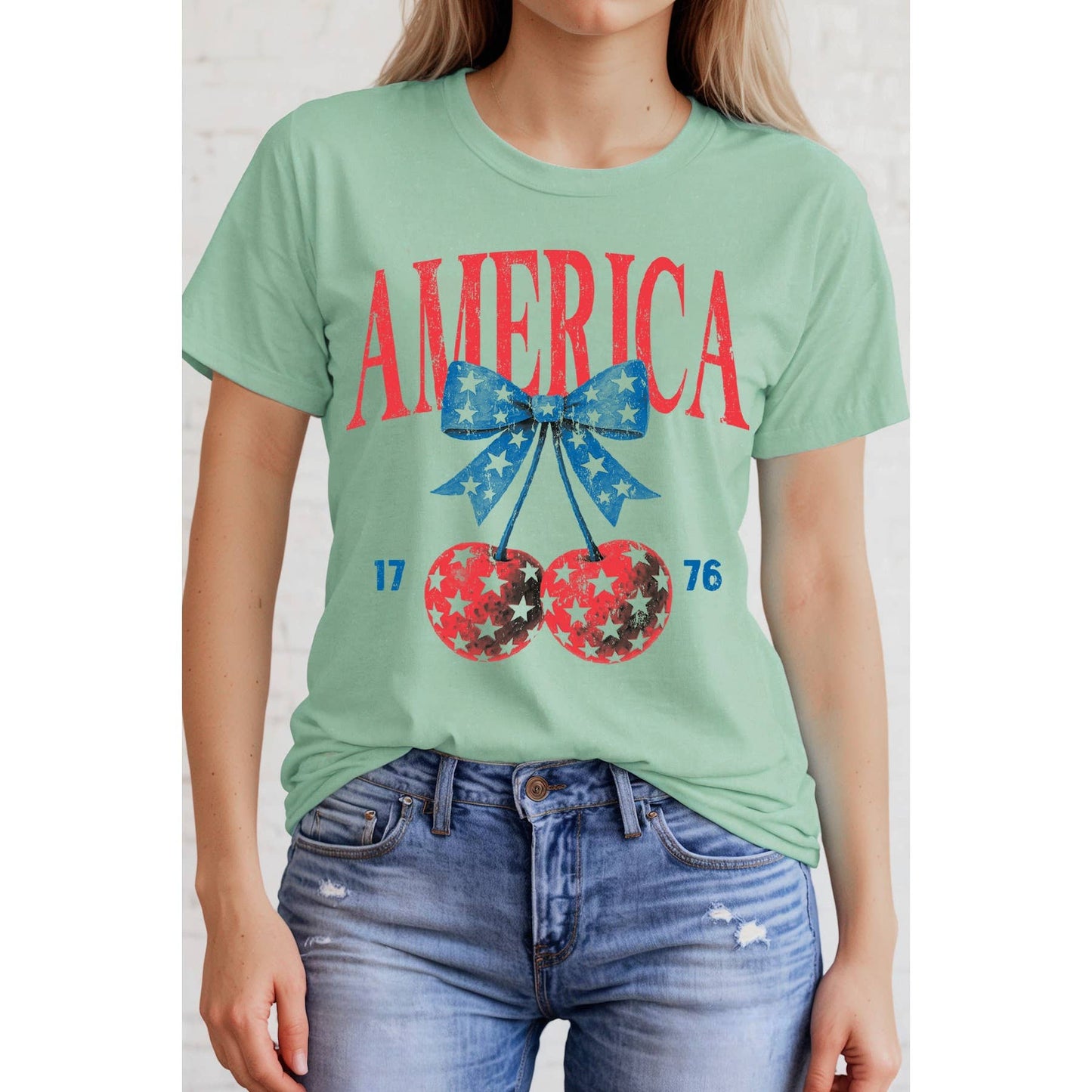 America Cherry Bow Short Sleeve T Shirt