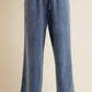 LACE TRIM WIDE LEG ELASTIC MID RISE DENIM PANTS