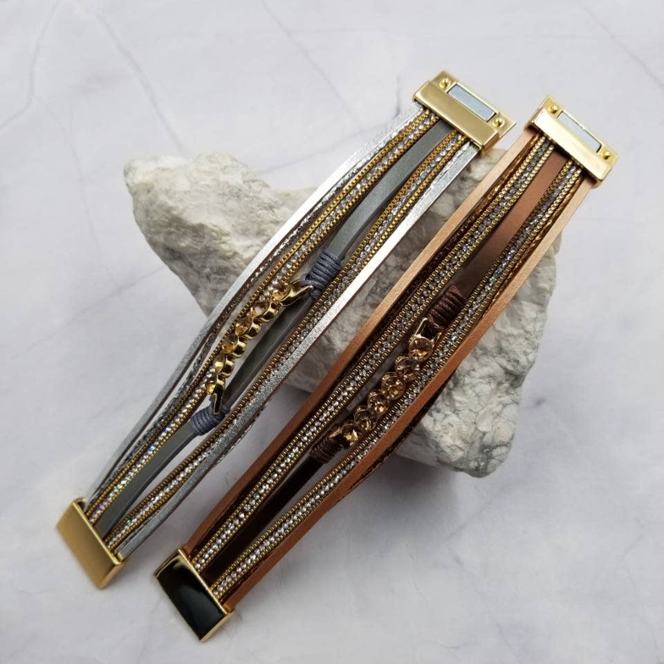 Sunset Rhinestone Layered Leather Magnetic Bracelet