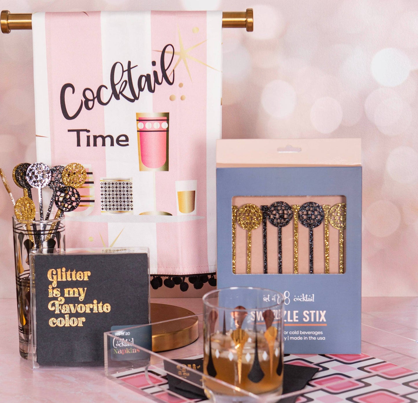 Cocktail Time Pink Retro Bar Tea Towel with Trim