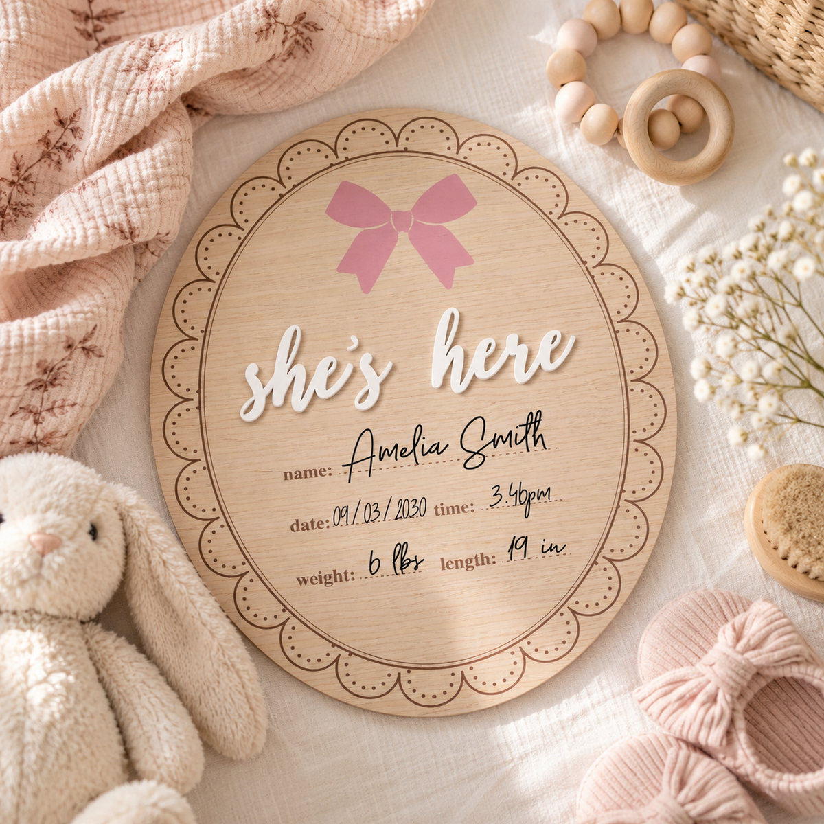Wooden Birth Announcement Fill-In Photo Prop, She's Here