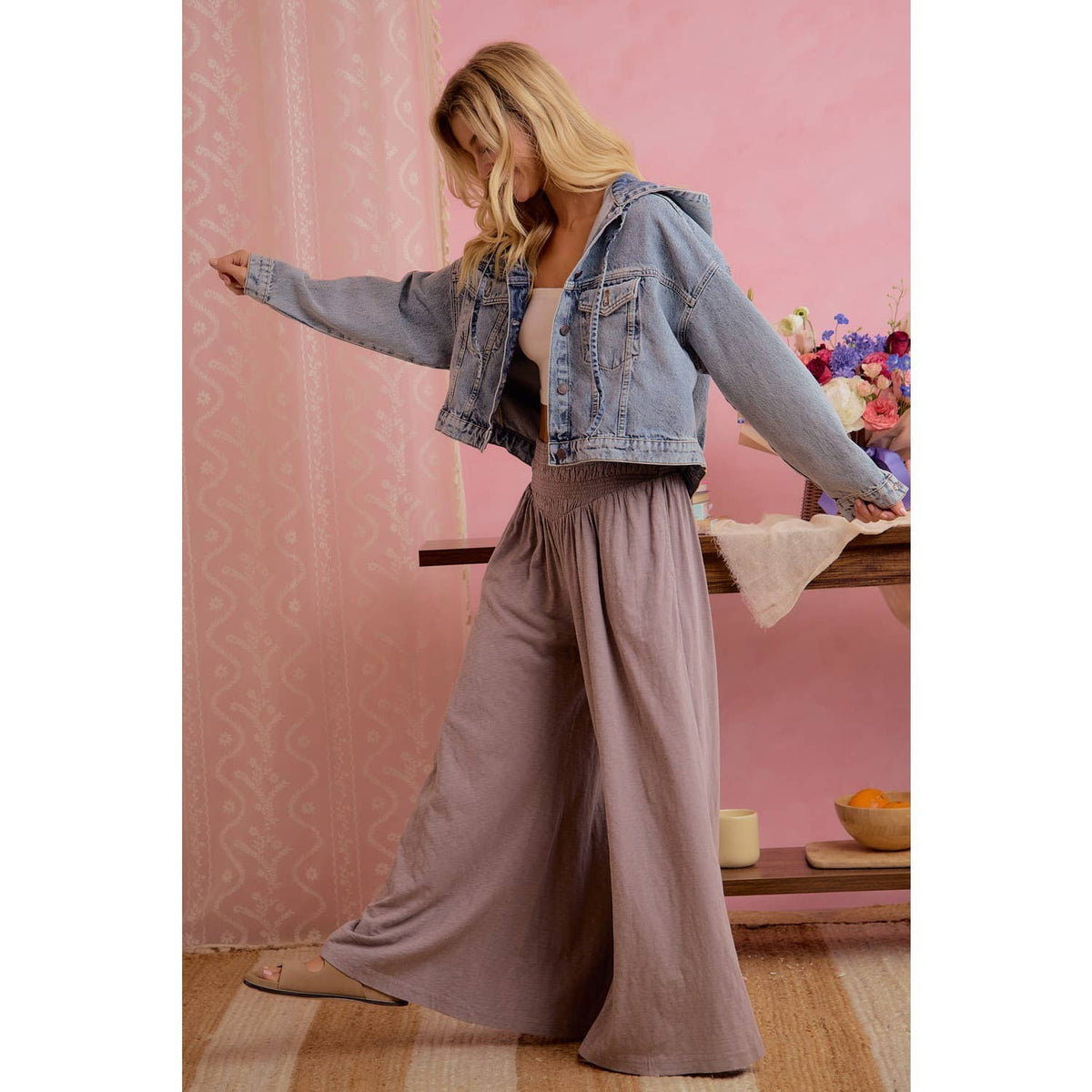 WOMEN SMOCKED WAIST WIDE LEG PULL ON PANTS