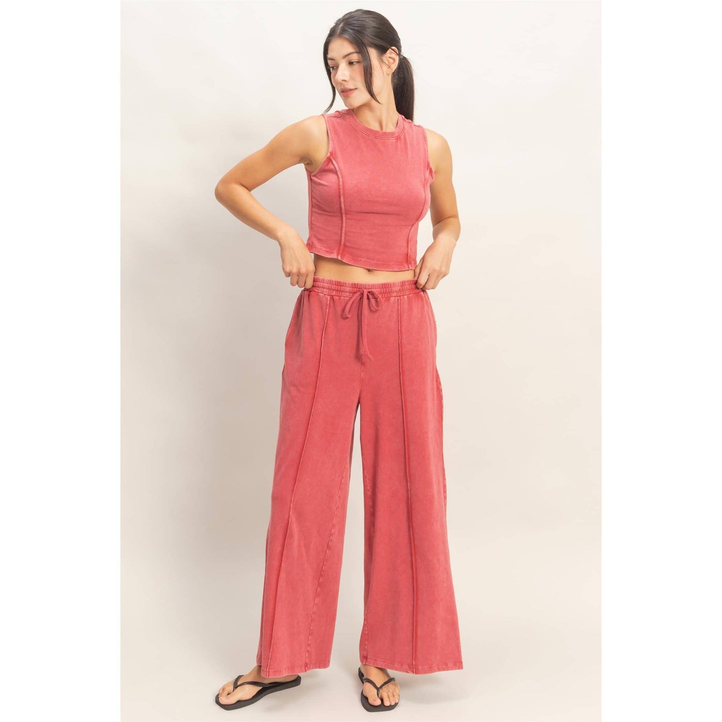 Mineral Washed Sleeveless Top & Wide Leg Pants Set