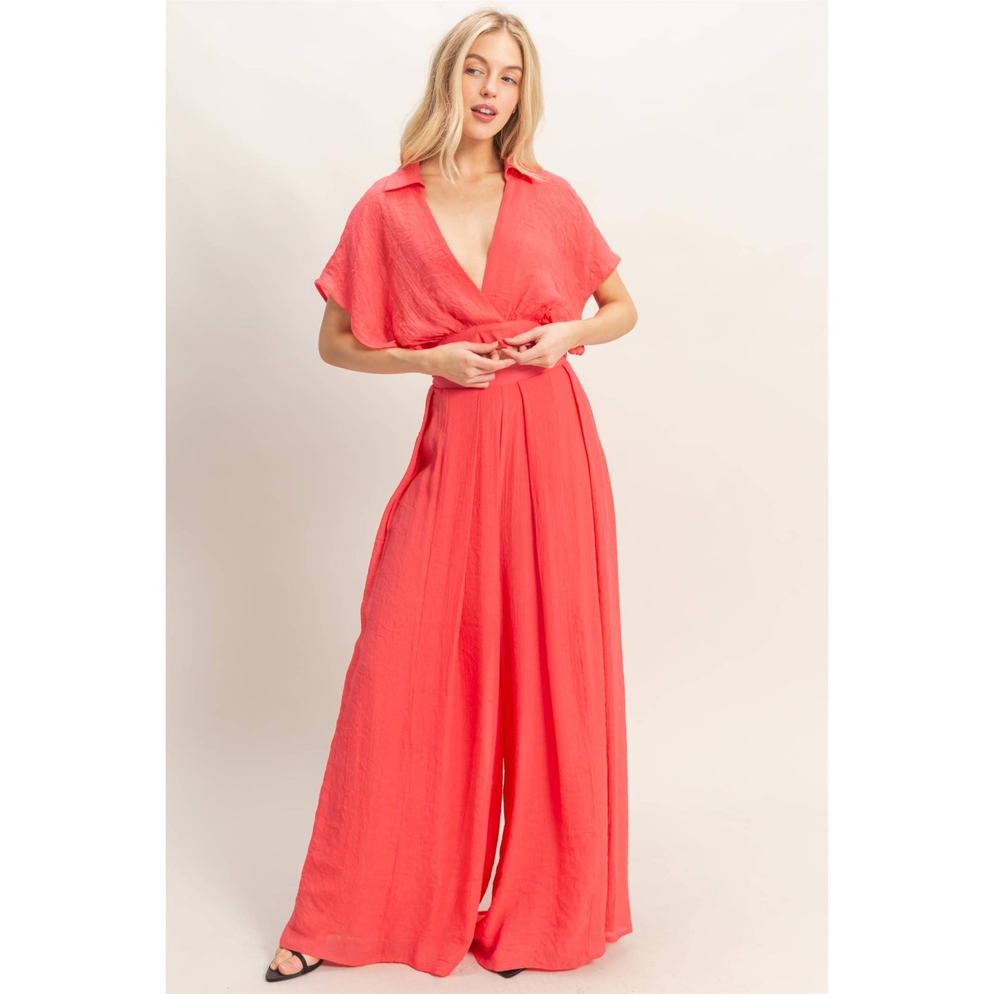 Collared Wrap Top & Wide-Leg Pants Set