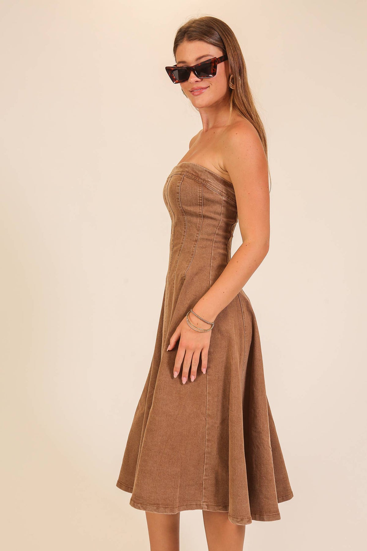 Strapless Stretch Denim Midi Dress