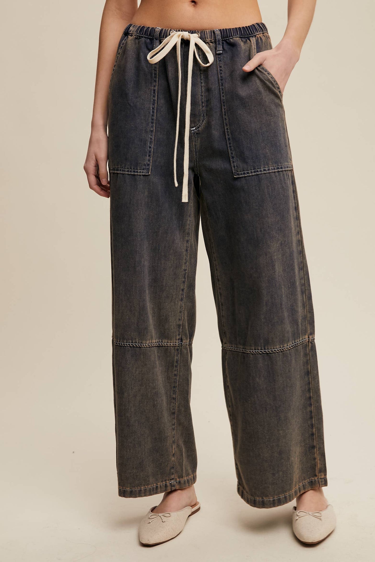 Wide-Leg Denim Drawstring Pants LP0256