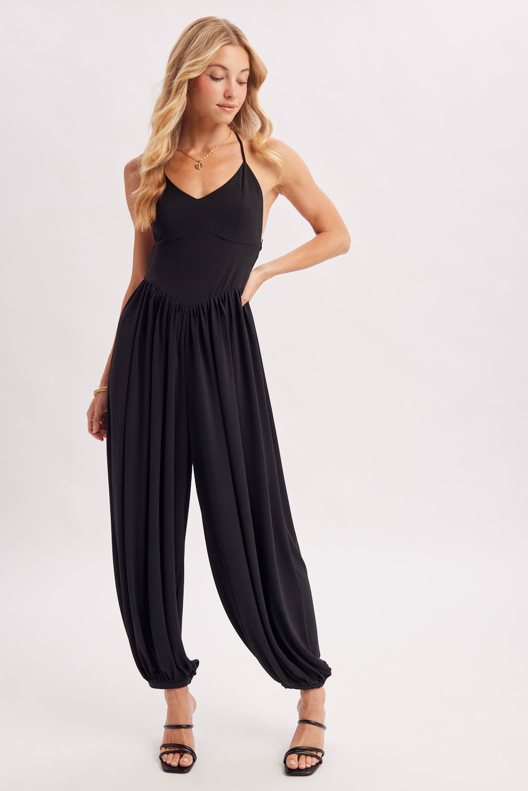 V-NECK RELAXED FLOWY LEGS JUMPSUIT CRISS-CROSS OPEN BACK